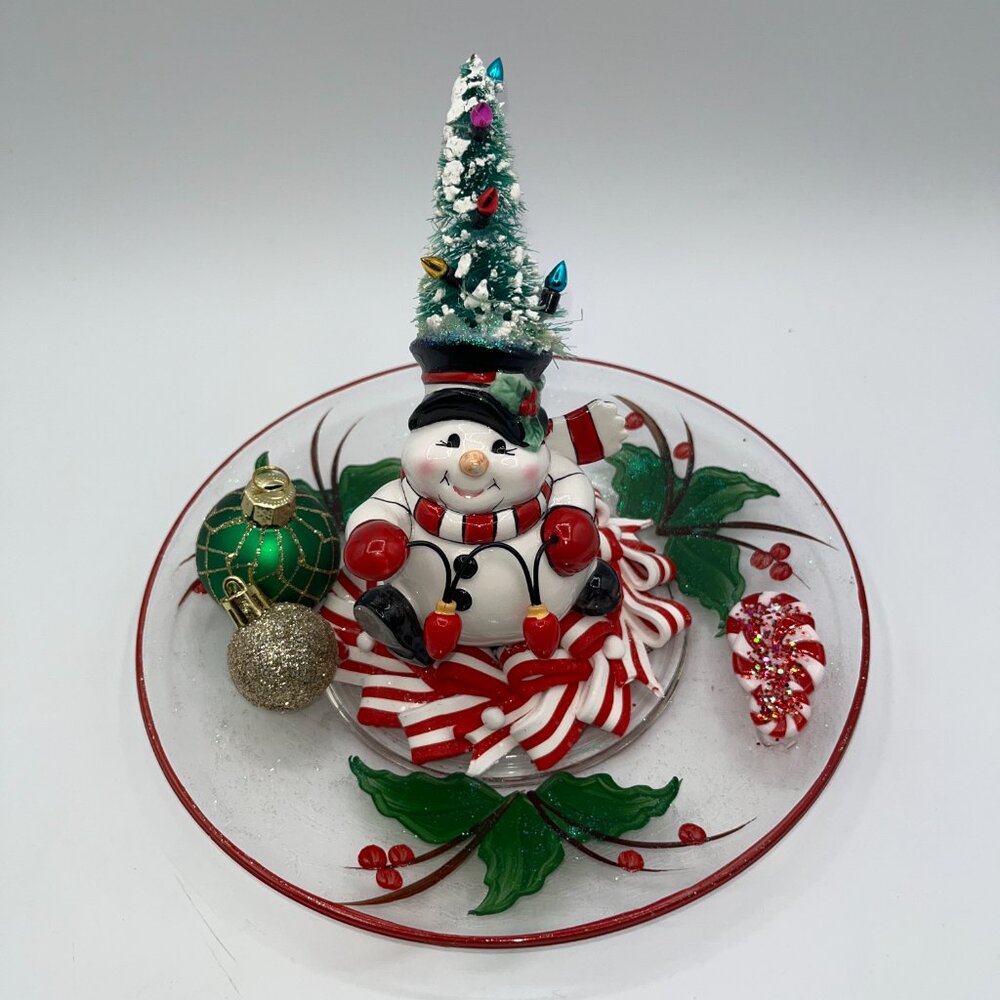 Vintage Ceramic Snowman With Bottle Brush Tree String Light Hat Candy Cane OOAK - Picture 1 of 16